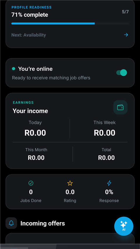 GigSwift provider app dashboard