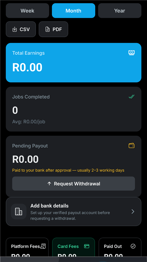 GigSwift provider app earnings and payouts screen